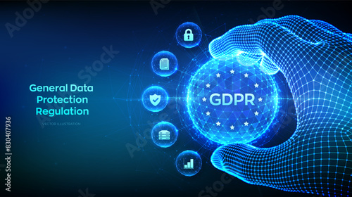 GDPR. General Data Protection Regulation. Cyber security, privacy concept in the shape of polygonal sphere with GDPR symbol in wireframe hand. Protection of personal information. Vector illustration.