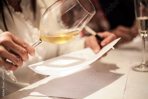 Photography Hands of a sommelier female holding a white wine glass with a degustation note