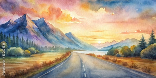 Scenic road leading to mountains and lakes at sunset in watercolor photo