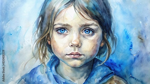 Watercolor painting of a portrait of a poor, hungry neglected girl with blue eyes photo