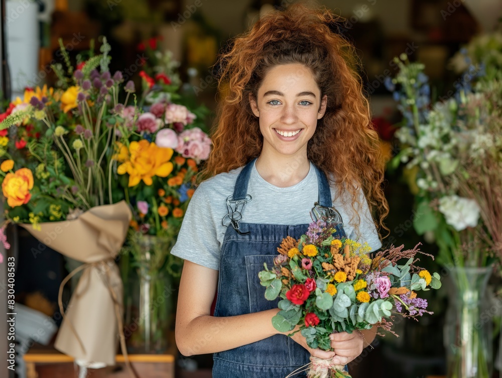 A woman with red hair is smiling and holding a bouquet of flowers. The flowers are in a variety of colors and are arranged in a vase. The scene takes place in a flower shop