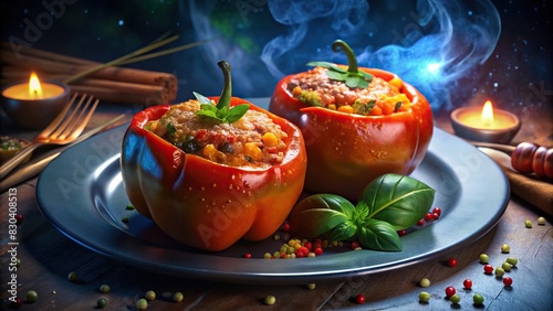 A deliciously plated dish of stuffed peppers, a perfect addition to any food blog or restaurant menu photo