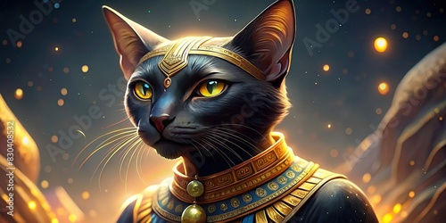 Beautiful Egyptian-themed stock photo featuring a black cat adorned with golden jewelry against a backdrop of traditional Kemetic dress and jewelry