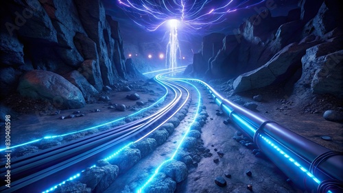 Image of fiber optic and electricity cables being laid underground, creating a glowing effect photo