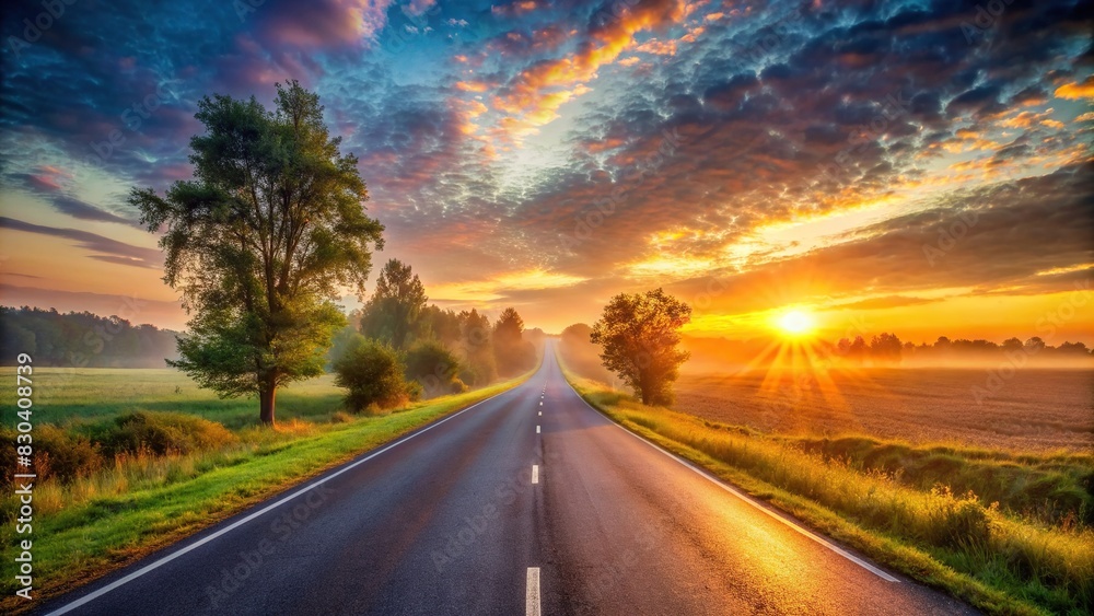 Serene morning landscape with empty road and warm glow of sunrise