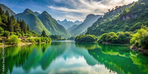 Tranquil lake surrounded by lush green mountains in China photo