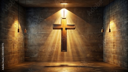Realistic of the Christian cross hanging in a dark room