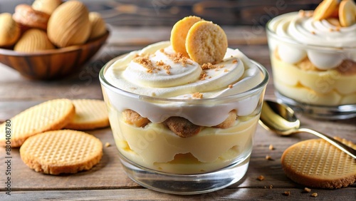 Close-up of a delicious, creamy banana pudding topped with vanilla wafers photo