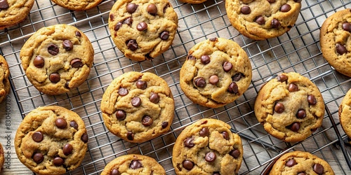 Overhead view of a batch of golden brown chocolate chip cookies on a cooling rack photo