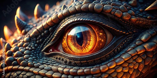 Close-up of a menacing fantasy dragon eye staring intensely photo
