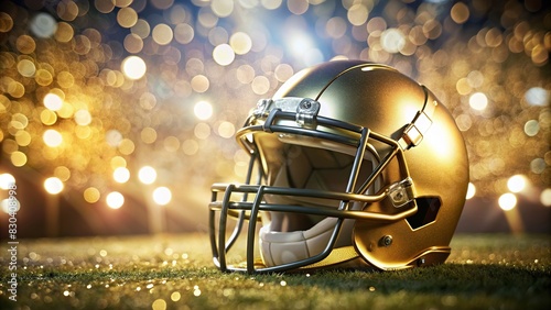 Close-up shot of a gold American football rugby helmet on the field with bokeh lights photo