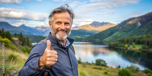 Happy confident middle-aged man smiling with thumbs up in front of a scenic landscape photo