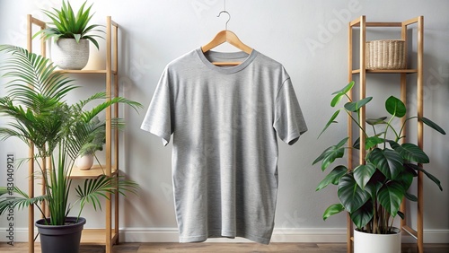 Oversized athletic heather shirt mockup on a hanger in a room with a plant photo