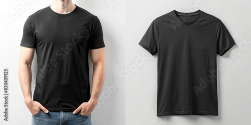Minimalist black t-shirt mockup on a white background for showcasing designs, ideal for online marketing and branding projects photo