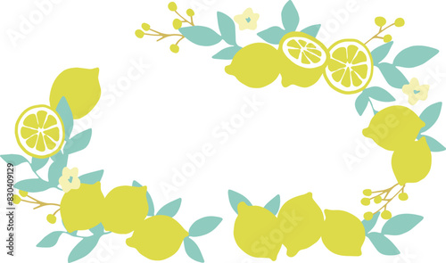 レモンの爽やか夏フレーム素材。レモンのベクターイラスト。夏のレモン装飾枠。Lemon fresh summer frame material. Lemon vector illustration. Summer lemon decoration frame.