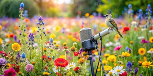 Podcast studio surrounded by colorful wildflowers with bird perched nearby