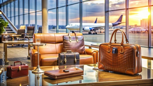 Luxury travel accessories elegantly displayed in a stylish airport lounge setting photo