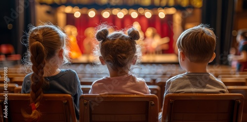 On Children's Day, children watch a puppet show in a theater, sitting in the seats facing away from them. The show has a concept aimed at children.