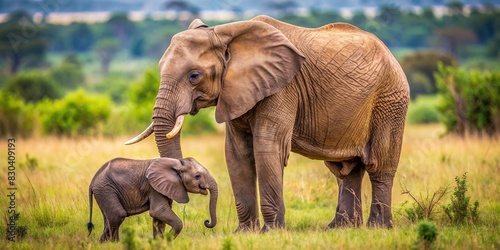 Beautiful image of a mother elephant comforting and protecting her baby calf in the wild