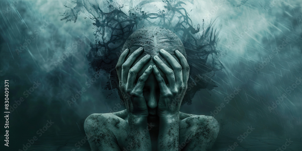The Overwhelming Cloud of Uncertainty: A silhouette of a person, hands held tightly to their head, seemingly consumed by an ominous, foreboding sense of unease and apprehension The Overwhelming Cloud of Uncertainty: A silhouette of a person, hands held tightly to their head, seemingly consumed by an ominous, foreboding sense of unease and apprehension