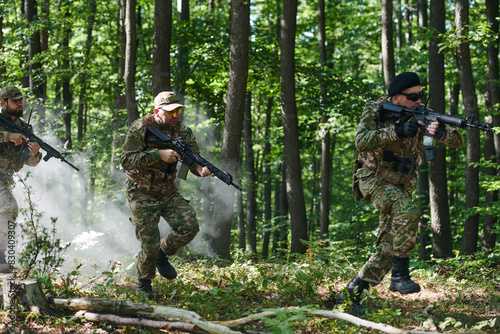 A specialized military antiterrorist unit conducts a covert operation in dense, hazardous woodland, demonstrating precision, discipline, and strategic readiness photo