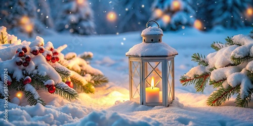 Snowy scene with a festive Christmas lantern illuminating the white landscape photo