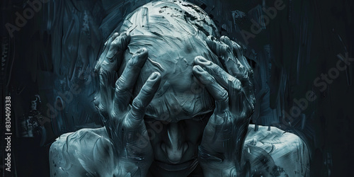 The Overwhelming Cloud of Uncertainty: A silhouette of a person, hands held tightly to their head, seemingly consumed by an ominous, foreboding sense of unease and apprehension