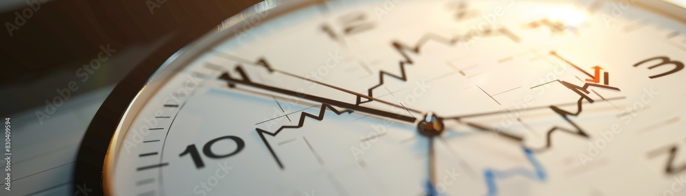 Clock face with light highlighting it and an upward trend line graph behind, clean white background, copy space Clock face with light highlighting it and an upward trend line graph behind, clean white background, copy space