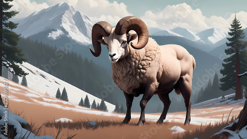 concept art of a ram with long curly horns and strong front legs overlooking a mountain valley with tall evergreen redwoods and wide open grasslands and with the background of snowy mountains photo