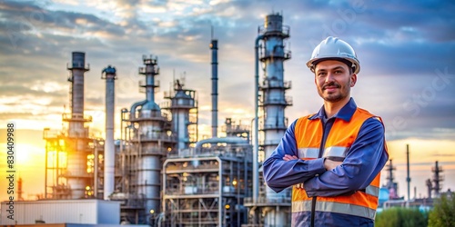 Portrait of a male engineer standing in front of a large refinery plant