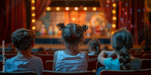 On Children's Day, children watch a puppet show in a theater, sitting in the seats facing away from them. The show has a concept aimed at children. © SHI