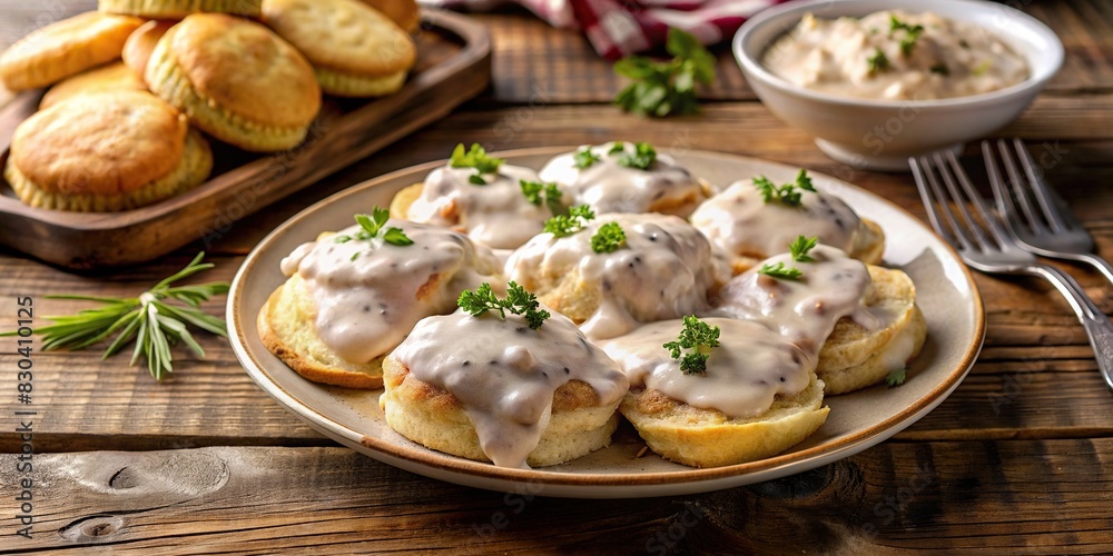Platter of biscuits and gravy on a rustic wooden table