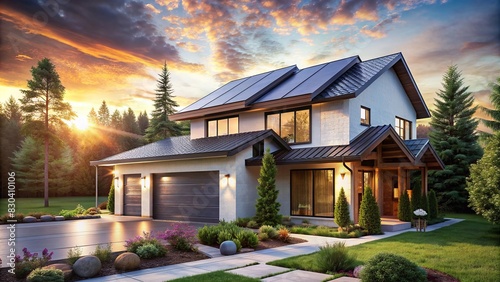 Modern white two-story chalet with solar panels, windows, garage, and a beautiful exterior garden surrounded by large trees, against a backdrop of a blue sunset sky