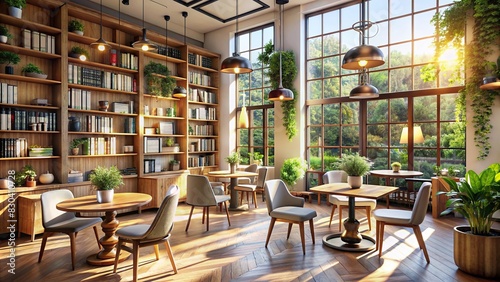 Interior of a cozy bookstore cafe with modern decor and plenty of natural light