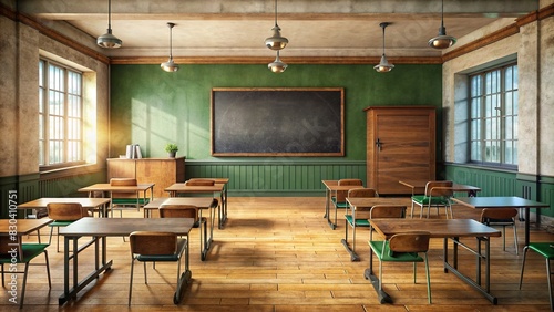 Empty vintage classroom with black board mockup