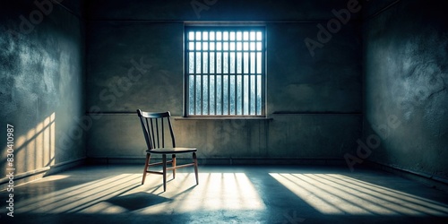 Lonely chair in a dimly lit room with a barred window photo