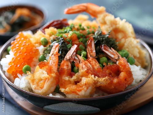 A bowl of food with shrimp and peas. The bowl is on a wooden table