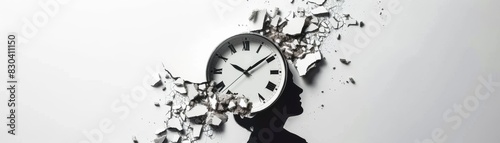 Broken clock representing loss with a sad person behind it, clear white background, copy space