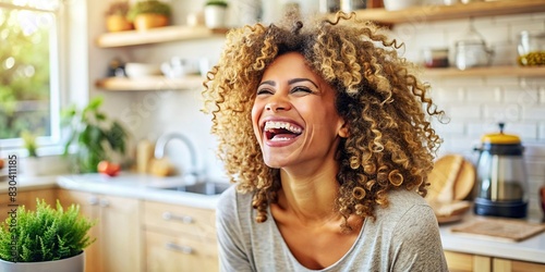 Radiant curly-haired woman laughing in a bright kitchen setting photo