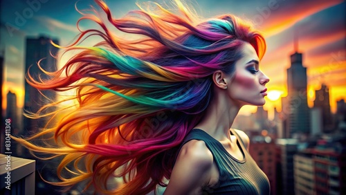 Close-up shot of vibrant hair flowing in motion with city background