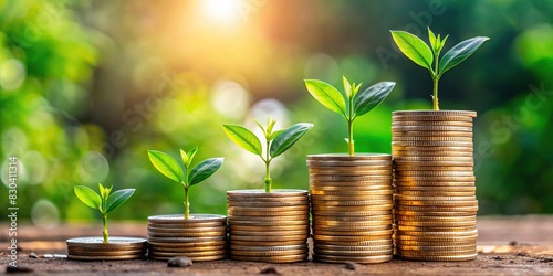 Image of coins with a money-growing plant, symbolizing finance and banking, interest rates, dividends, investment growth, and interest on deposits photo