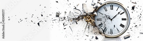 Broken clock reflecting destruction with debris scattered around, isolated, clean white background