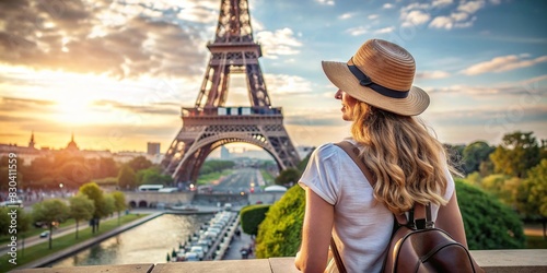 A serene image of a woman traveling and exploring Europe's iconic landmarks © Sompong