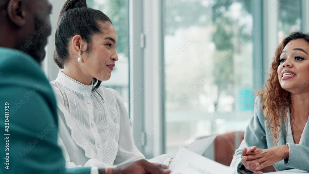 Office, accountant and business people in meeting, documents and conversation for planning, investment and review. Staff, paperwork and employees with ideas, feedback and finance analyst for report