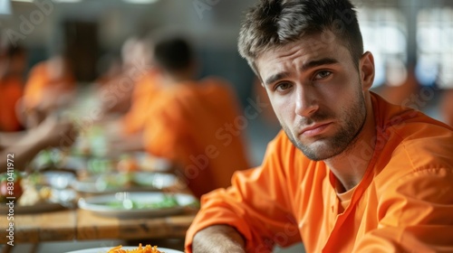 Imprisoned man eating meal at table in orange uniform, concept of incarceration and restoration of humanity