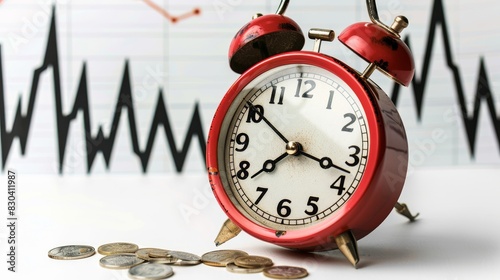 Broken clock with a downward financial graph in the background, isolated, white background, copy space