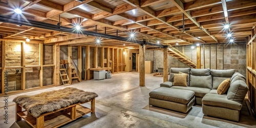 Rustic unfinished basement with wooden frames and insulation for a cozy vibe © Sompong