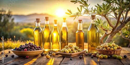 Golden olive oil bottles in rural field with olives, fruits, morning sun, wide banner photo