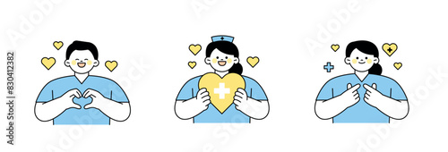 Medical workers convey their love with finger hearts. simple outline vector illustration.