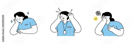 Medical workers suffering from work stress. simple outline vector illustration.